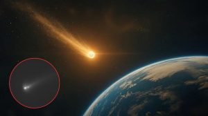 Su característico brillo dorado terminó dando paso a una inesperada fragmentación. (Con imagen de referencia generada con IA). | Foto: Generada con IA - Bing / G. Masi - Virtual Telescope Project