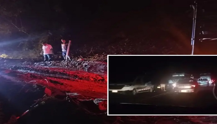 Imagen del sitio del deslizamiento. Y el respectivo trancón en la zona. FOTO: imagen tomada de redes.