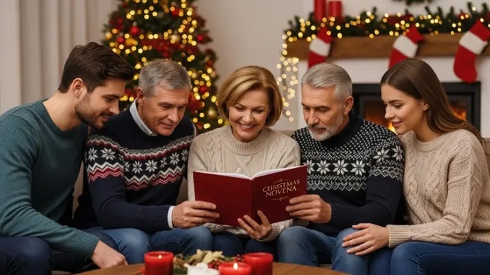 Familia leyendo la novena de aguinaldos //Foto: generada con ImageFX