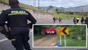 Adelante, la bandera dejada cerca del Alto de Minas. Atrás, autoridades revisan la bandera dejada por el ELN en la doble calzada Bello-Hatillo. FOTO: imágenes tomadas de redes sociales.