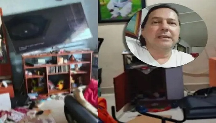 Adelante, el religioso víctima de la agresión dentro de su casa. Atrás, los destrozos que dejaron sus atacantes dentro de la vivienda. FOTOS. Cortesía.