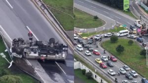 Camión cisterna volcado y trancónFoto: captura de video