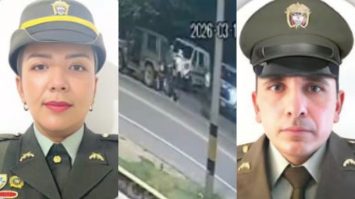 Los policías asesinados en la vía Girardot-Guataquí. Foto: Policía Nacional y pantallazo de video de la cuenta en X @PasaenBogota.