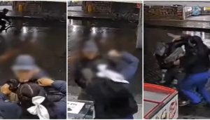 Secuencia de cómo la mujer enfrentó al presunto ladrón luego de intentar robarle en la droguería en la que al parecer trabaja. FOTO: Captura de video de redes sociales @PasaenBogota